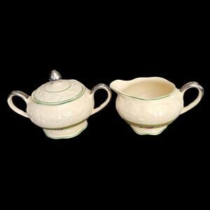 English Brambleberry Creamer & Covered Sugar Bowl Set Embossed Floral Vintage